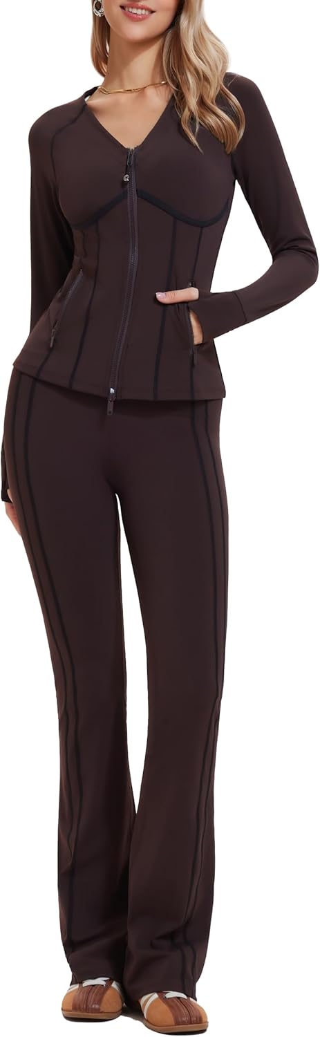 Mudere Womens 2 Piece Workout Set with Zip Up Long Sleeve Jacket High Waisted Flare Leggings Yoga Outfits