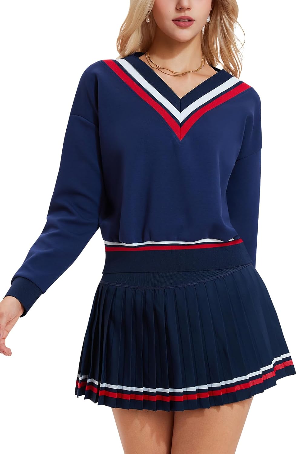 Women's 2 Piece Tennis Skirt Set, V-Neck Long Sleeve Sweatshirt & High Waisted Pleated Skirt