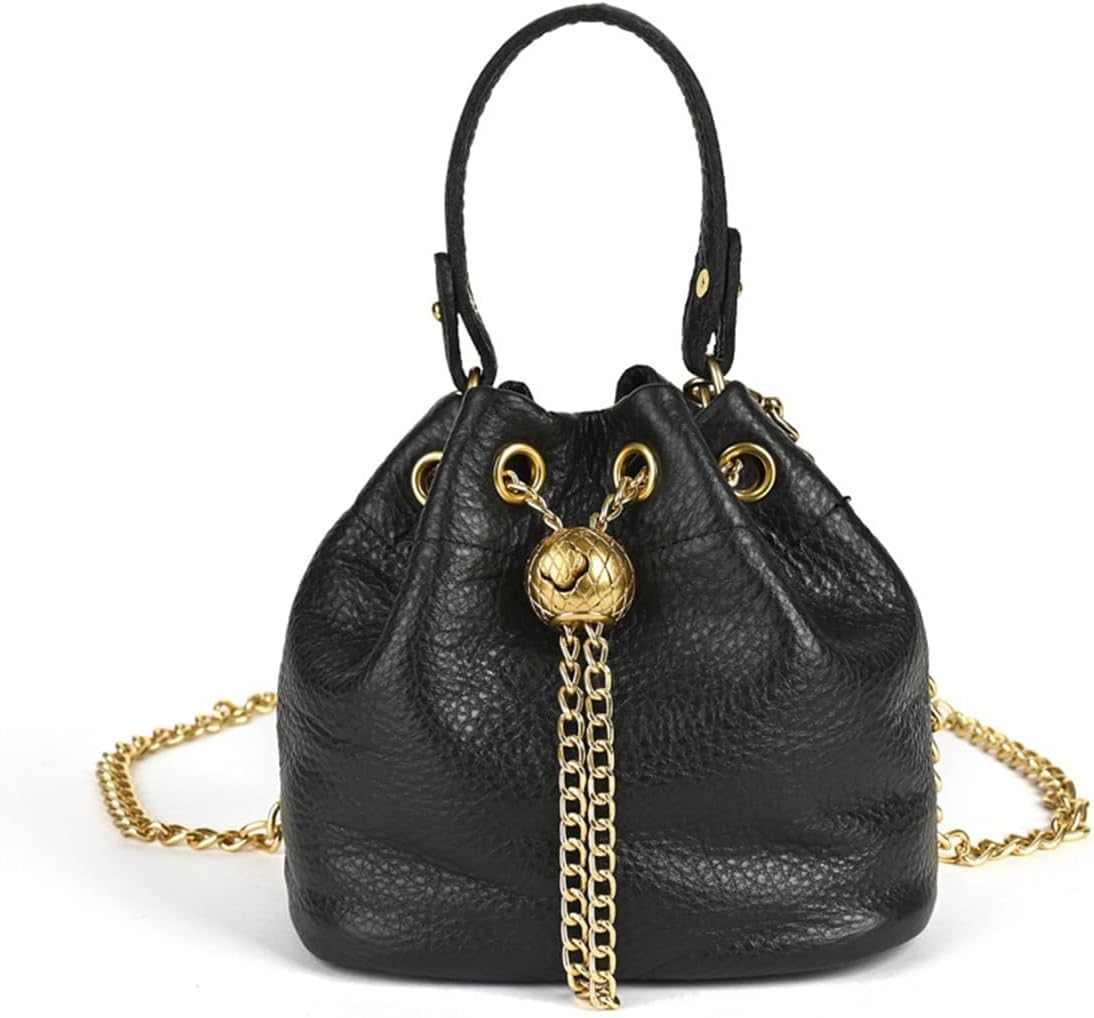 Genuine Leather Bucket Bag with Gold-Tone Chain Strap and Quilted Sphere Detail