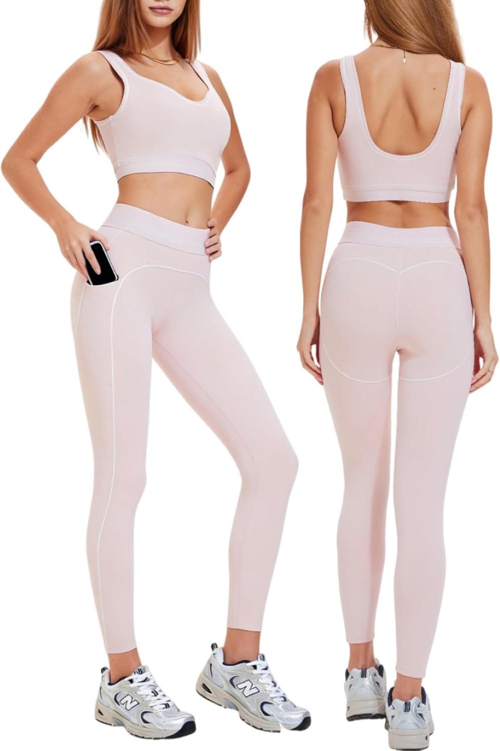 Yoga Sets for Women with Pockets - 2 Piece Workout Pilates Outfits Leggings and Sports Bra