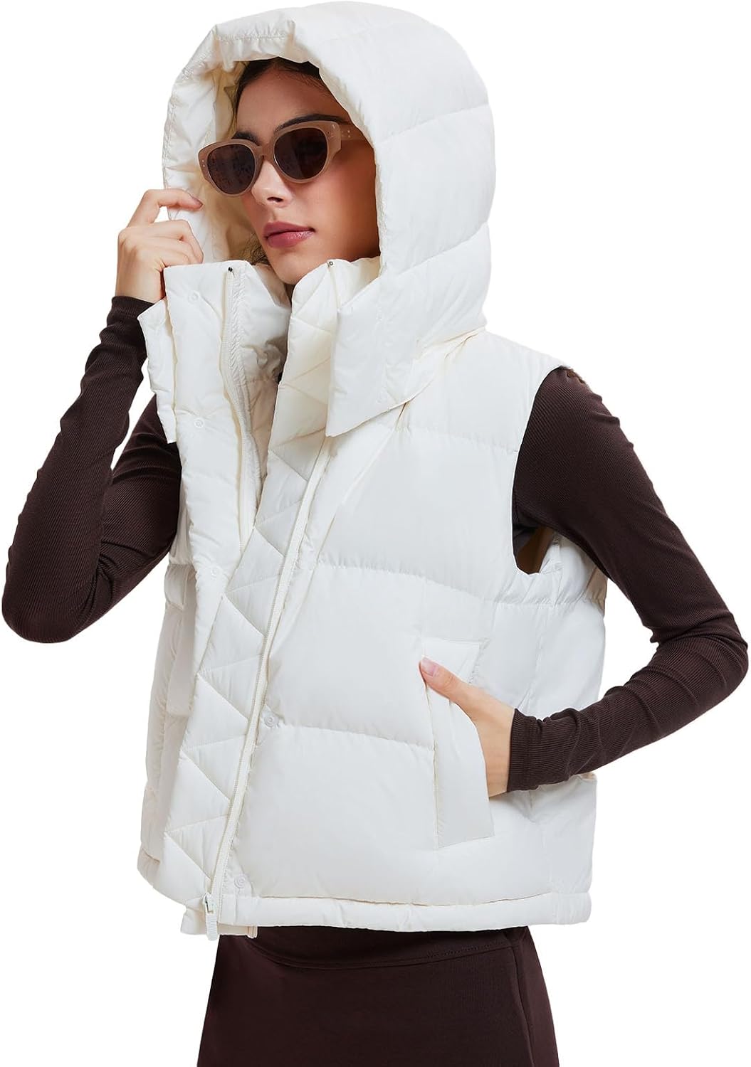 Airfree Women Cropped Puffer Vest 800 Fill Lightweight Goose Down Jacket Sleeveless Winter Coats with Removable Hood