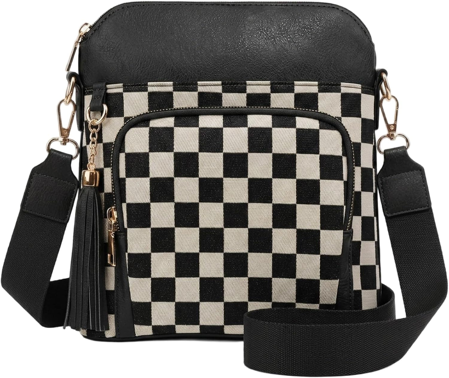 Checkered Crossbody Bag for Women, Lightweight Plaid PU Leather Canvas Handbag with Adjustable Strap