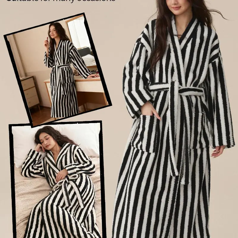 Womens Striped Fluffy Robe - Long Plush Bathrobe, Fuzzy Warm Cozy Thick Maxi Loungewear