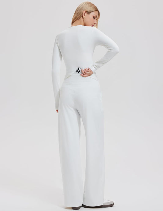 Mudere 2 Piece Matching Lounge Sets for Women Long Sleeve Henley Top with High Waist Wide Leg Pants Travel Casual Outfits