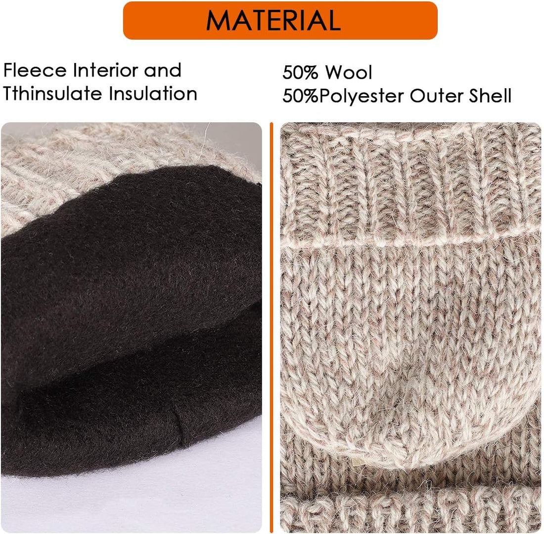 Thermal Insulation Fingerless Texting Wool Gloves for Women and Men - Winter Warm Knitted Convertible Mittens