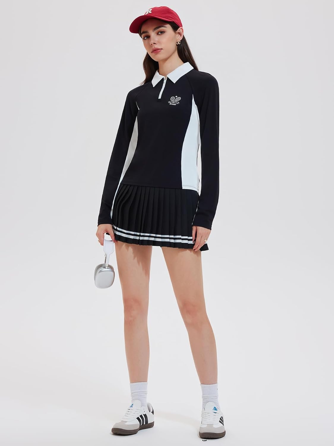 Women's 2 Piece Tennis Skirt Set - Half Zip Long Sleeve Sweater & Pleated Skort Outfit