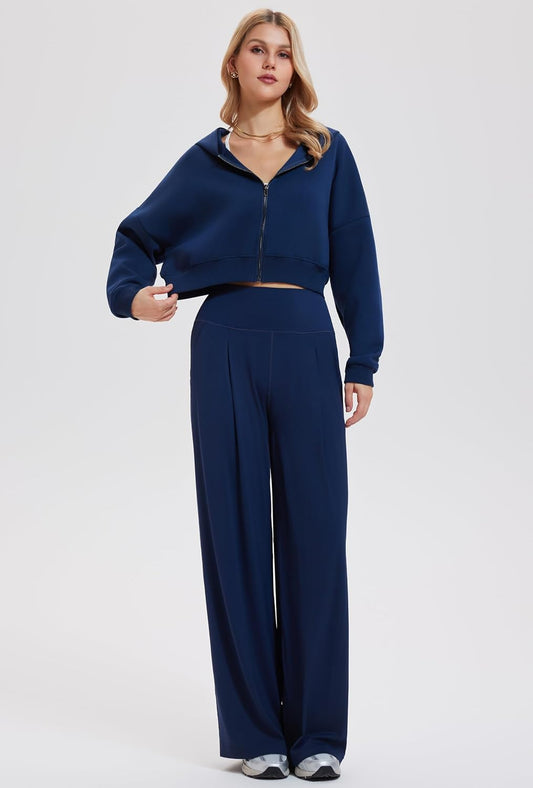 Mudere 2 Piece Sets for Women Fall Travel Outfits Long Sleeve Tracksuit High Waist Wide Leg Pants Zip Sweatsuit Matching Set