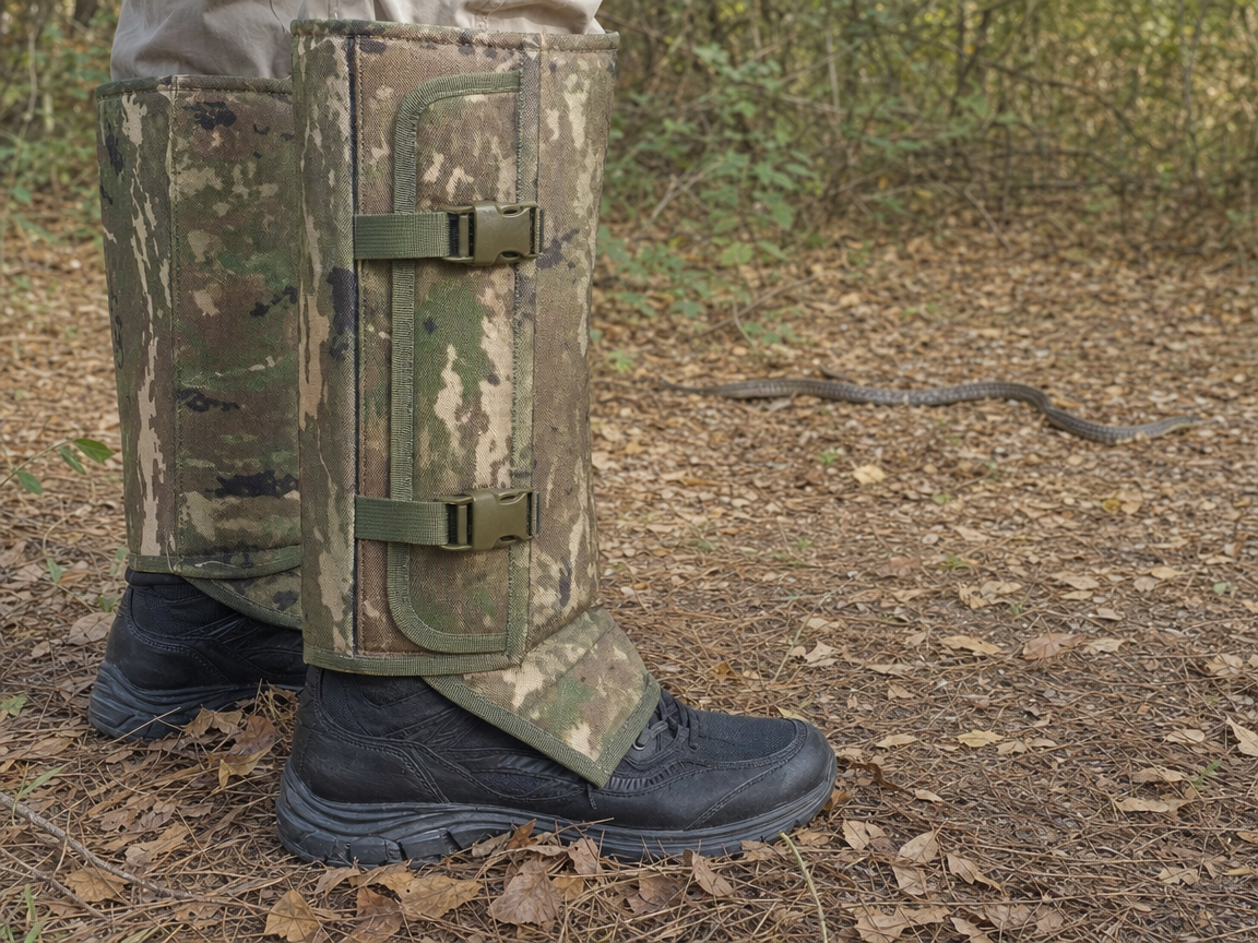 Snake-proof gaiters worn near a snake on dry leaves