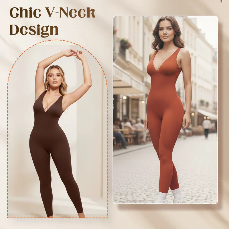 High-Stretch V-Neck Jumpsuit - Breathable One-Piece Bodysuit for Fitness & Yoga