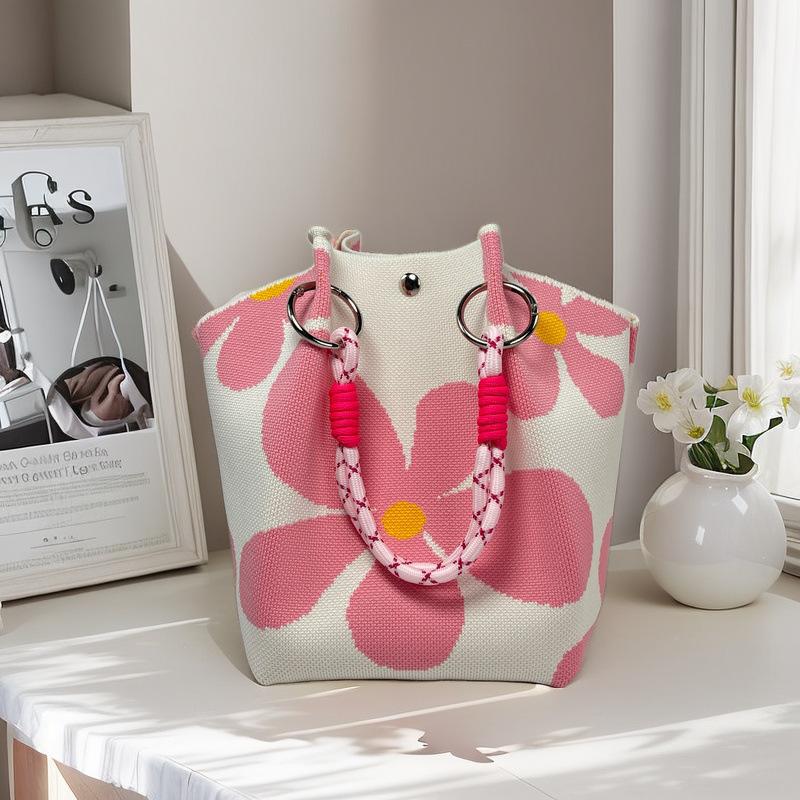 Boho Woven Polyester Bucket Bag, Handmade Knitted Crochet Shoulder Bag for Travel and Beach