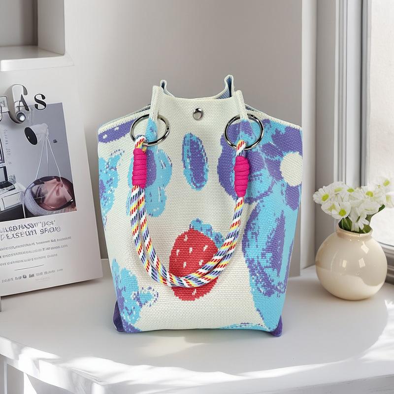 Boho Woven Polyester Bucket Bag, Handmade Knitted Crochet Shoulder Bag for Travel and Beach
