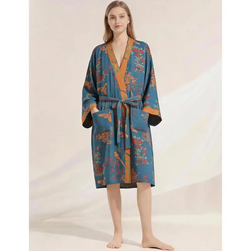 Women's Cotton Gauze Jacquard Loose-Fit Knee-Length Japanese Yukata Lightweight Bathrobe