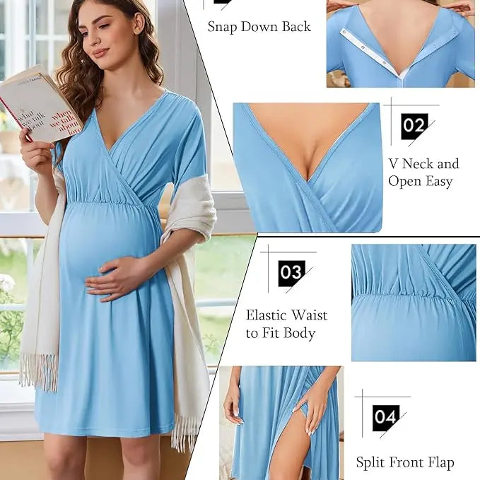 Women's Maternity Dress - Stretchy V-Neck Nursing Gown with Skin-to-Skin Access