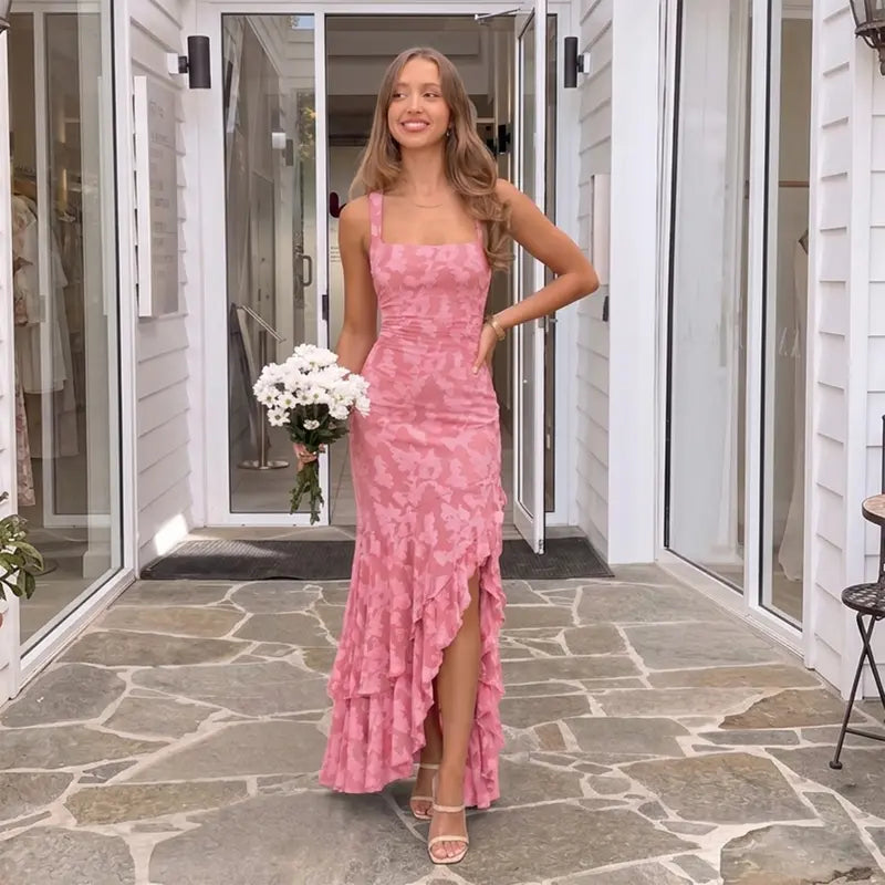Chic Floral Embroidery Mermaid Maxi Dress - Sexy Square Neck Ruched Bodycon Gown