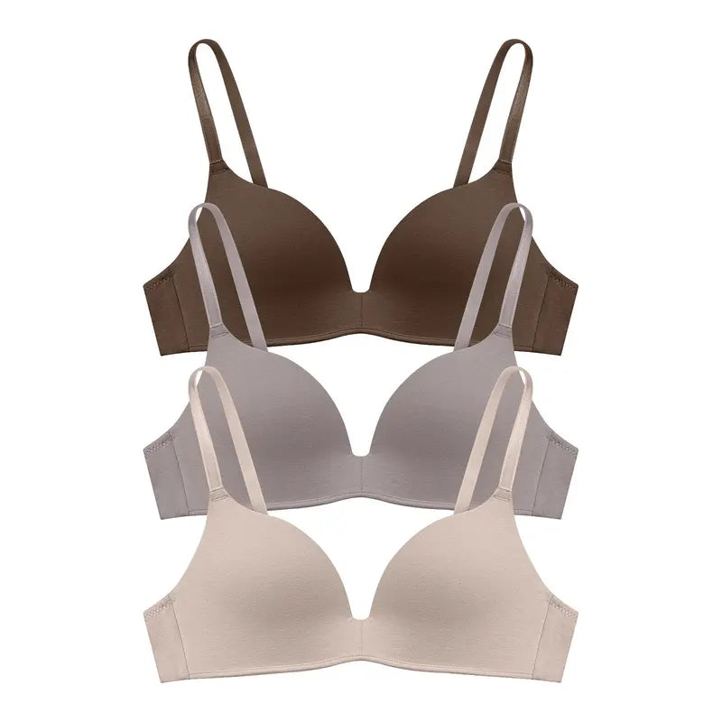 3 Pieces Lightly Lined Wireless Bras for Women, Comfy Plunge T-Shirt Bra Pack for Everyday & Bridal