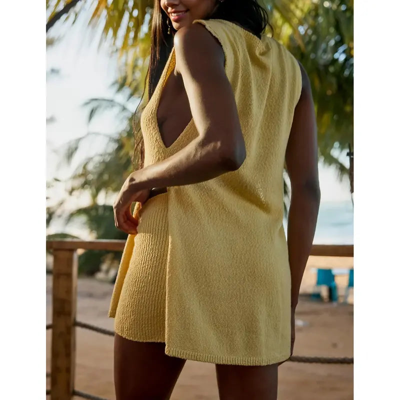 Women's 2 Piece Summer Knit Sweater Set - Sleeveless Tunic Top and Matching Shorts