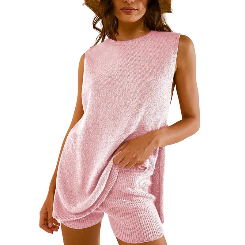 Women's 2 Piece Summer Knit Sweater Set - Sleeveless Tunic Top and Matching Shorts