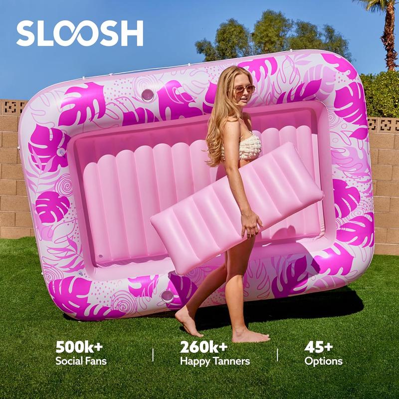 Extra Large Inflatable Tanning Pool Lounge Float with Cup Holder and Pillow, 4-in-1 Sunbathing Bed