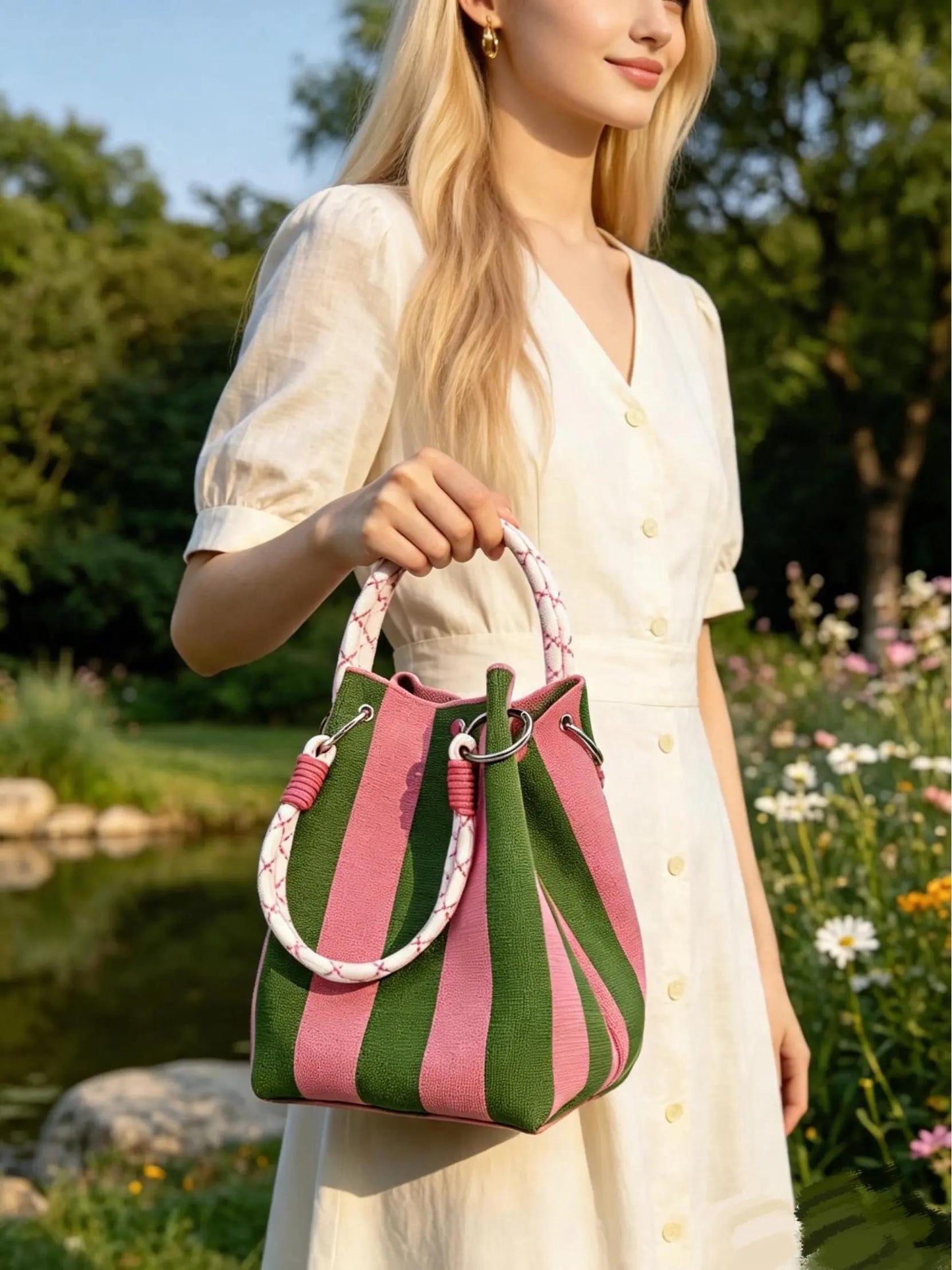 Boho Woven Polyester Bucket Bag, Handmade Knitted Crochet Shoulder Bag for Travel and Beach