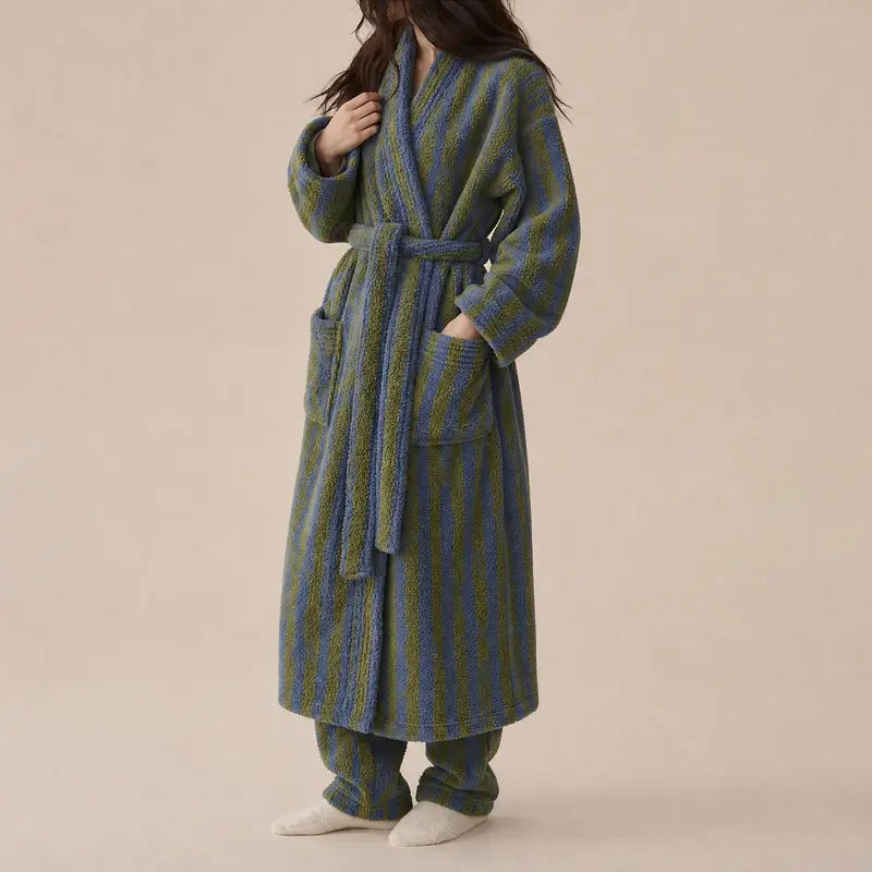 Womens Striped Fluffy Robe - Long Plush Bathrobe, Fuzzy Warm Cozy Thick Maxi Loungewear