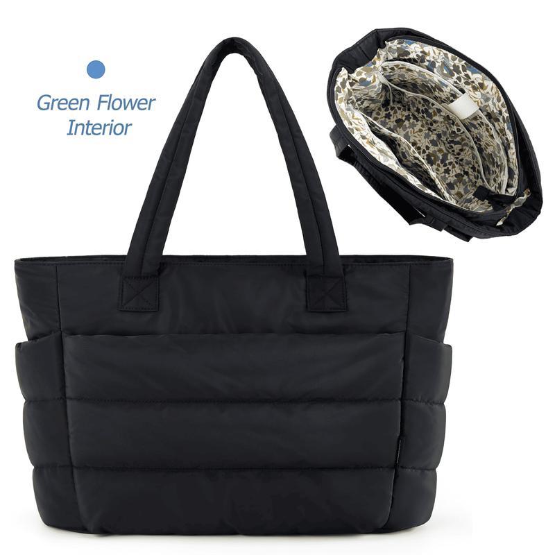Cute Puffer Tote Bag for Women, Pink Flower Print Laptop Shoulder Handbag with Multiple Compartments