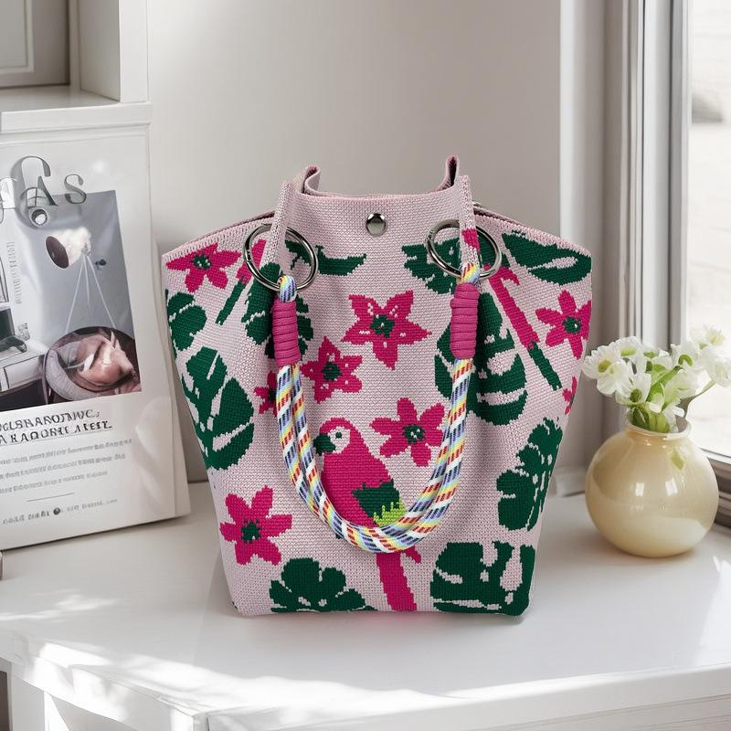 Boho Woven Polyester Bucket Bag, Handmade Knitted Crochet Shoulder Bag for Travel and Beach