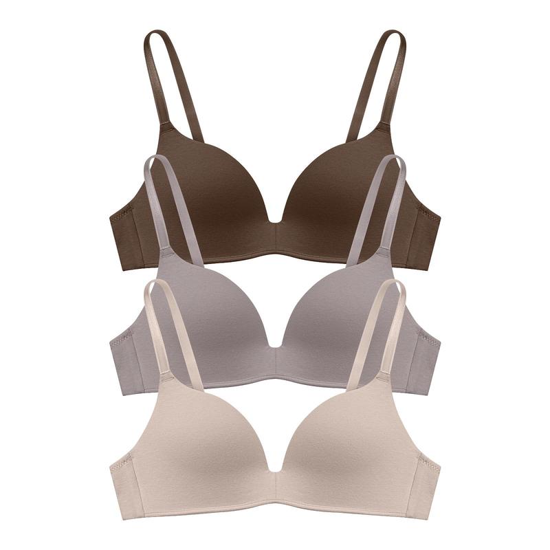 3 Pieces Lightly Lined Wireless Bras for Women, Comfy Plunge T-Shirt Bra Pack for Everyday & Bridal