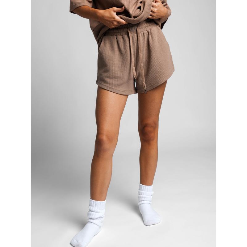 Waffle Lounge Shorts with Curved Hem and Elastic Waistband for Sports and Lounging