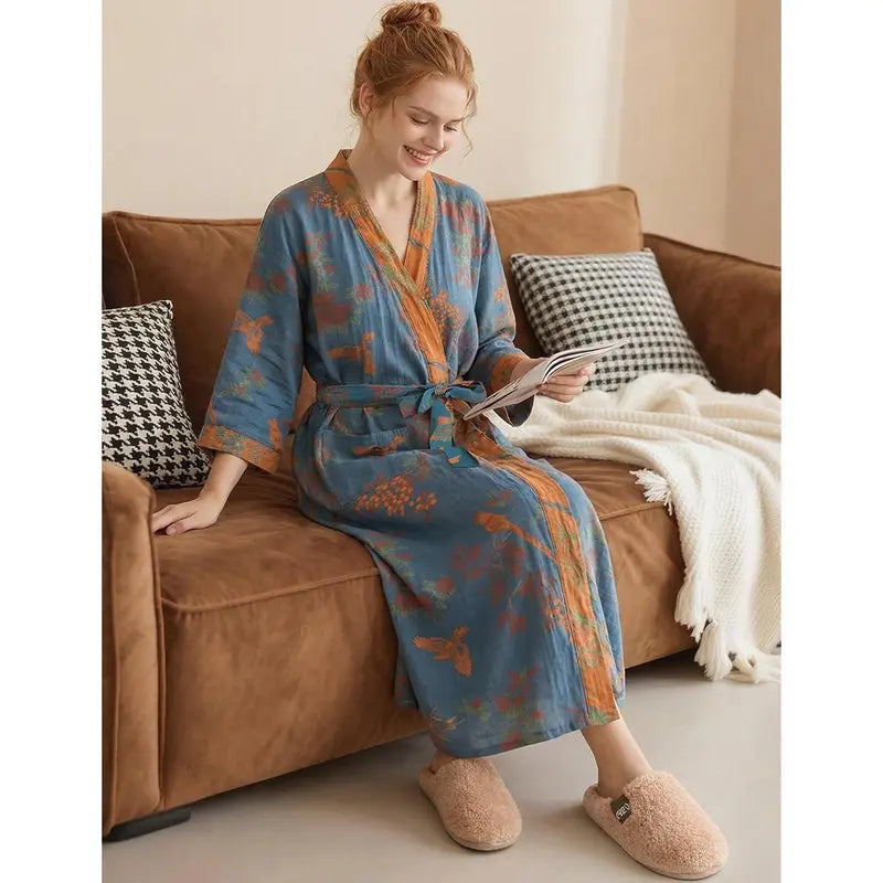Women's Cotton Gauze Jacquard Loose-Fit Knee-Length Japanese Yukata Lightweight Bathrobe