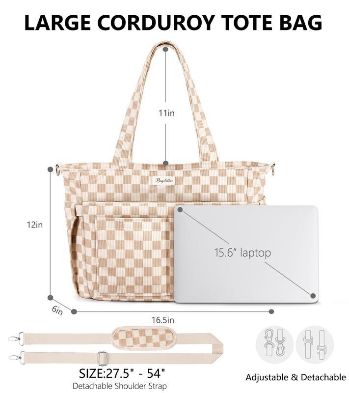 Corduroy Tote Bag for Women, 15.6 inch Laptop Work Bag with Large Cup Holder
