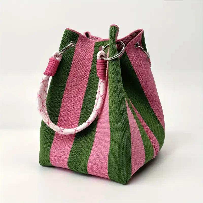 Boho Woven Polyester Bucket Bag, Handmade Knitted Crochet Shoulder Bag for Travel and Beach