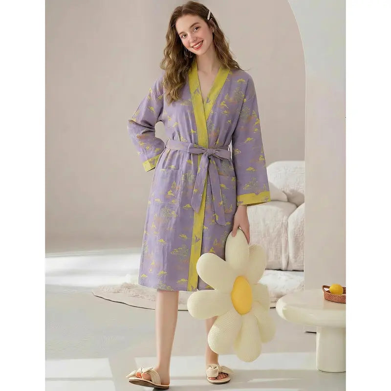 Women's Cotton Gauze Jacquard Loose-Fit Knee-Length Japanese Yukata Lightweight Bathrobe