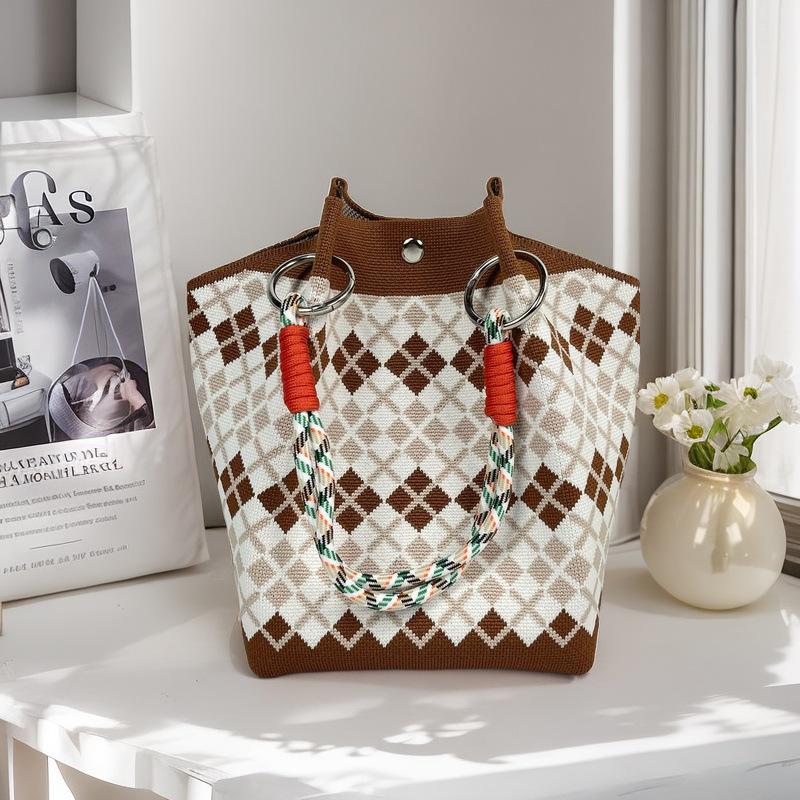 Boho Woven Polyester Bucket Bag, Handmade Knitted Crochet Shoulder Bag for Travel and Beach