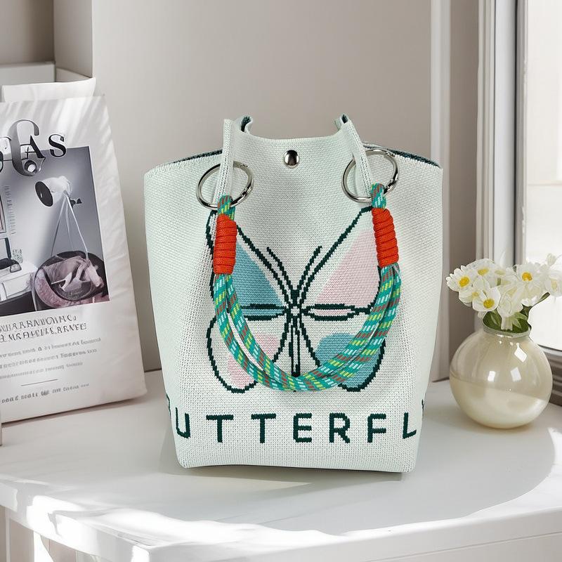 Boho Woven Polyester Bucket Bag, Handmade Knitted Crochet Shoulder Bag for Travel and Beach