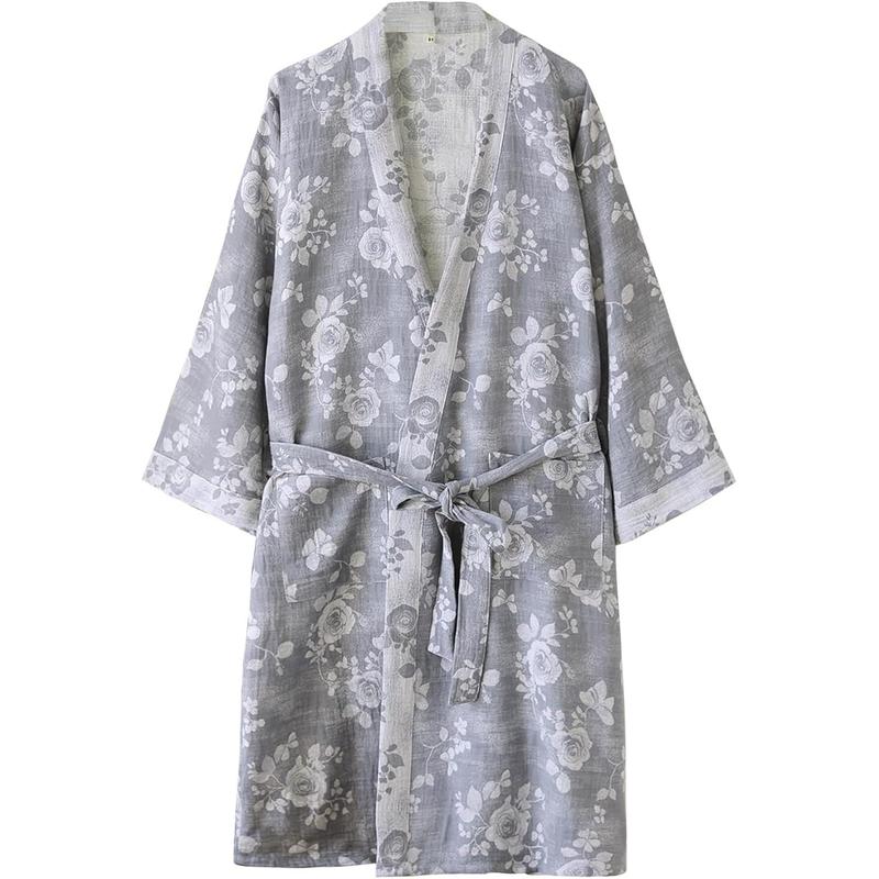 Women's Cotton Gauze Jacquard Loose-Fit Knee-Length Japanese Yukata Lightweight Bathrobe
