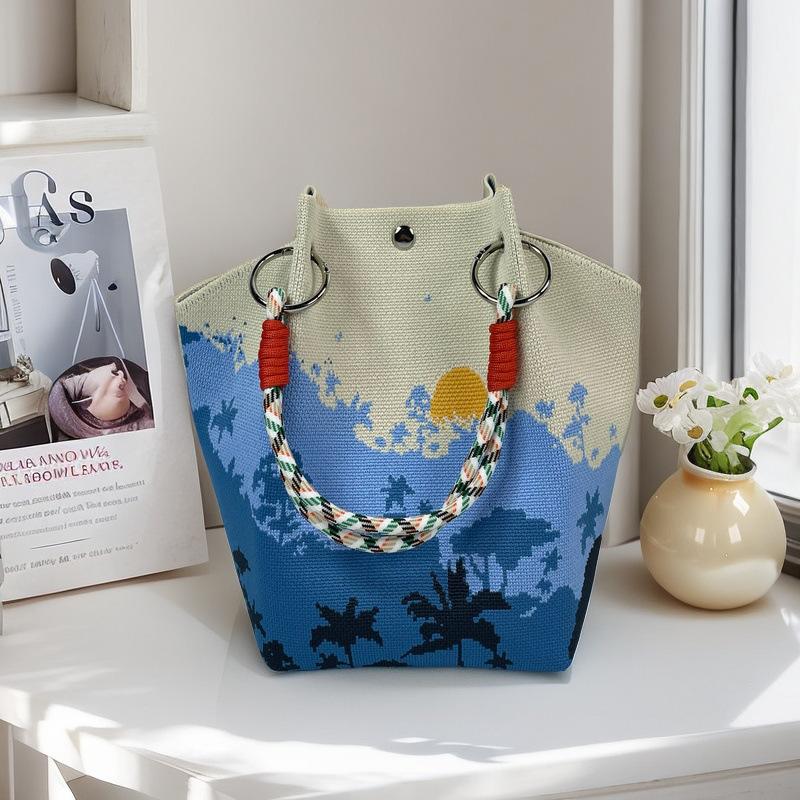 Boho Woven Polyester Bucket Bag, Handmade Knitted Crochet Shoulder Bag for Travel and Beach