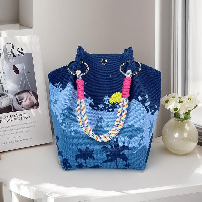 Boho Woven Polyester Bucket Bag, Handmade Knitted Crochet Shoulder Bag for Travel and Beach
