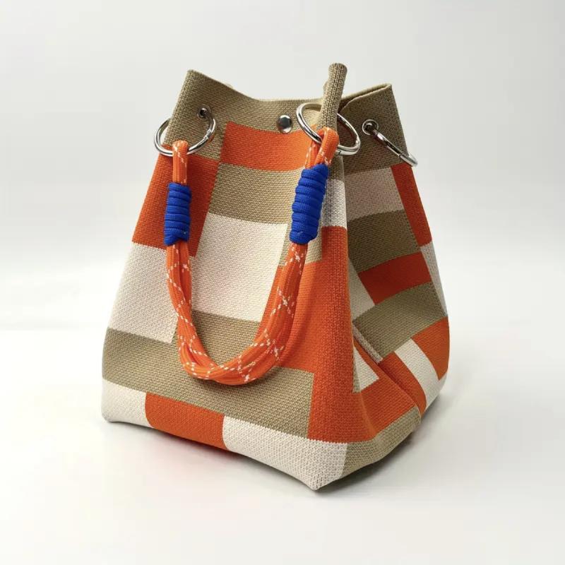Boho Woven Polyester Bucket Bag, Handmade Knitted Crochet Shoulder Bag for Travel and Beach