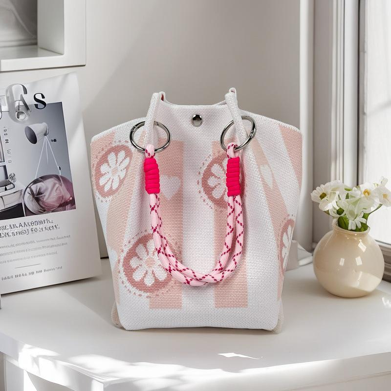 Boho Woven Polyester Bucket Bag, Handmade Knitted Crochet Shoulder Bag for Travel and Beach