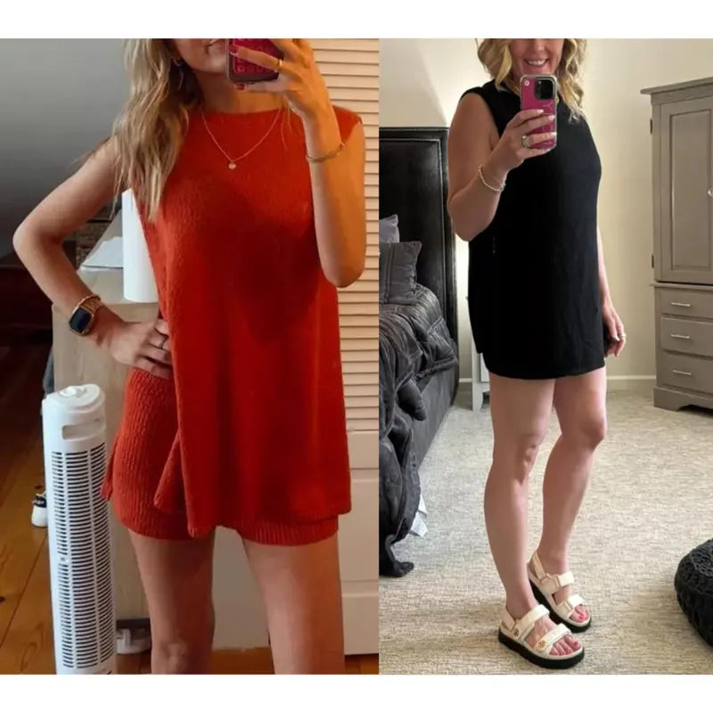 Women's 2 Piece Summer Knit Sweater Set - Sleeveless Tunic Top and Matching Shorts