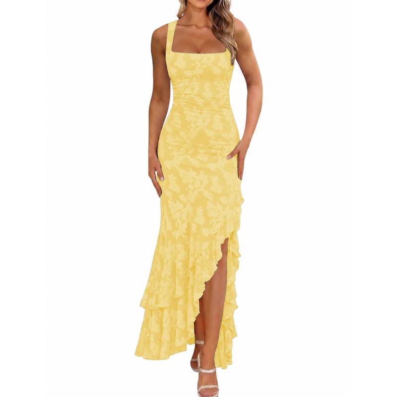 Chic Floral Embroidery Mermaid Maxi Dress - Sexy Square Neck Ruched Bodycon Gown