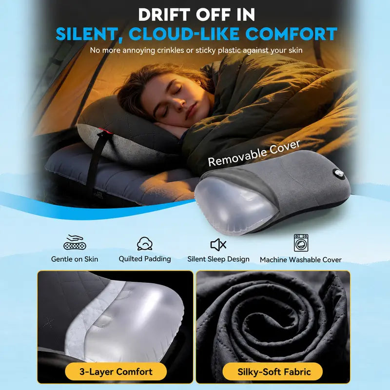 Self Inflating Camping Pillow with Removable Washable Cover - Ultralight Neck and Lumbar Support