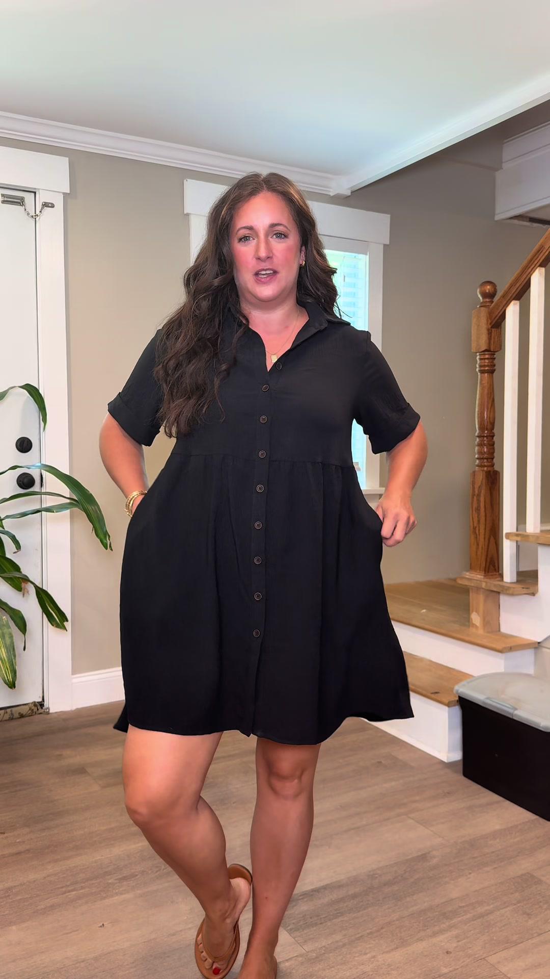 Women's Short Sleeve Button Down Textured Babydoll Dress - Loose Fit Flowy Mini Dress with Pockets