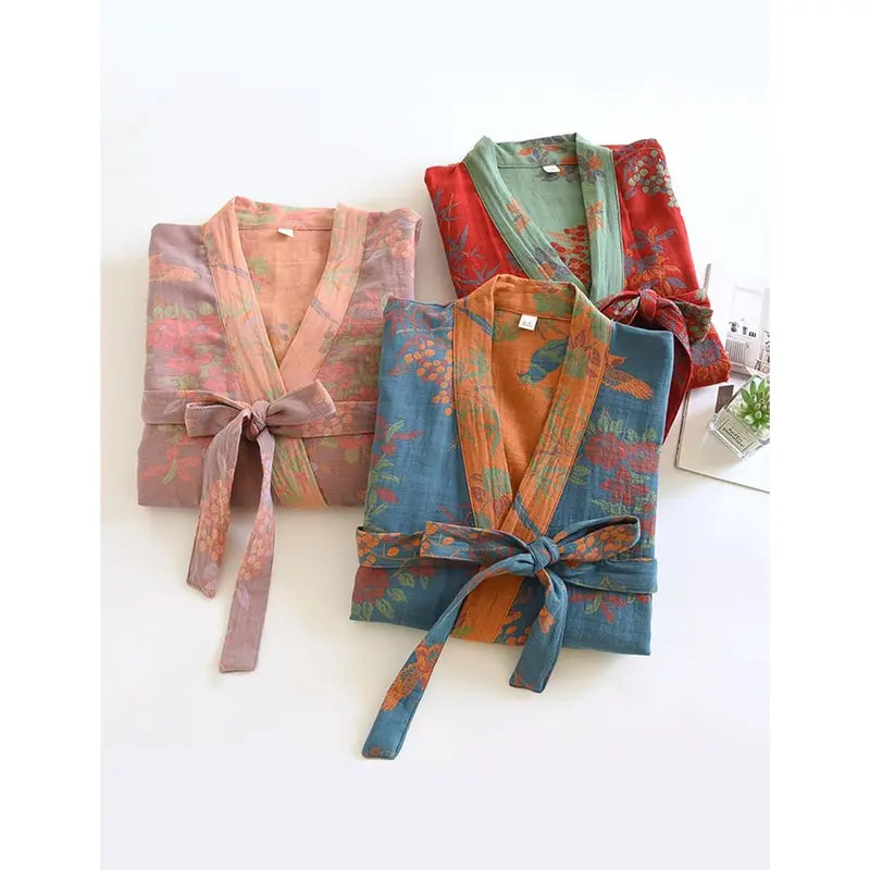Women's Cotton Gauze Jacquard Loose-Fit Knee-Length Japanese Yukata Lightweight Bathrobe