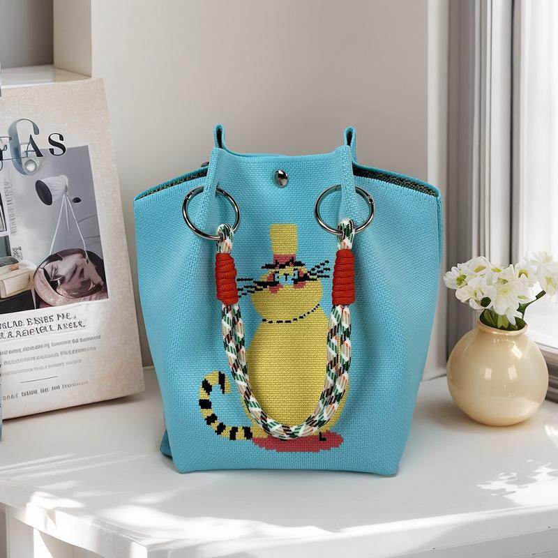 Boho Woven Polyester Bucket Bag, Handmade Knitted Crochet Shoulder Bag for Travel and Beach
