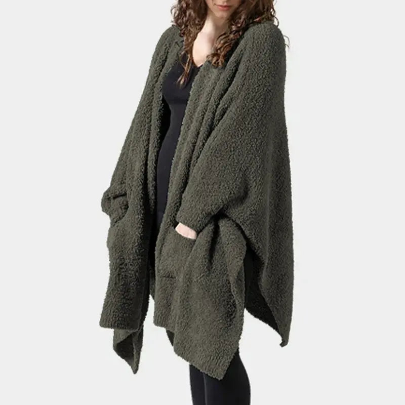 Women's Oversize Fleece Blanket Cape - 50" Width Flowing Side Slits Machine Washable Shawl-Wrap