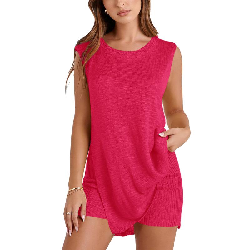 Women's 2 Piece Summer Knit Sweater Set - Sleeveless Tunic Top and Matching Shorts