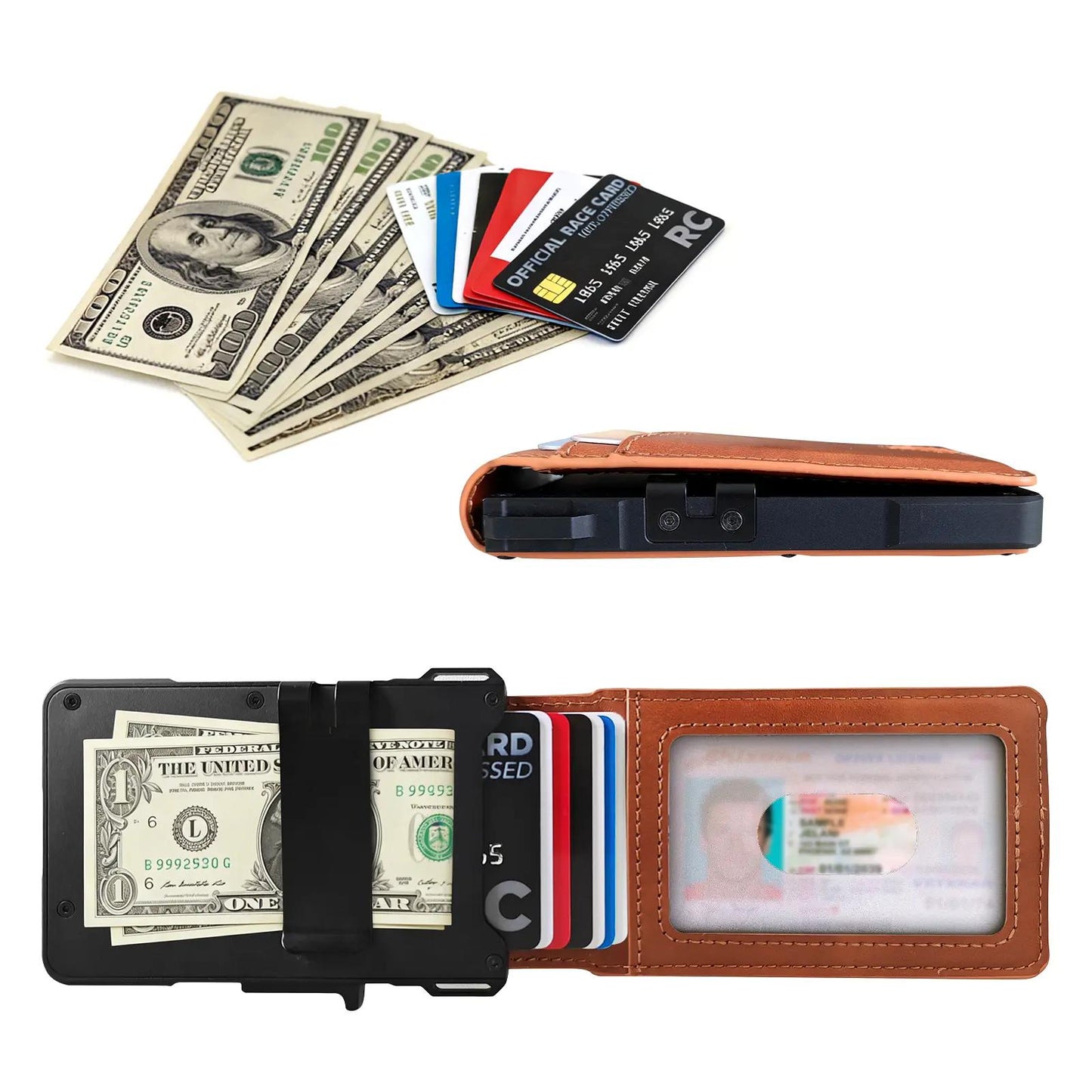 Premium Full-Grain Leather Slim Wallet with Money Clip, RFID-Blocking Aluminum Pop-Up Card Holder