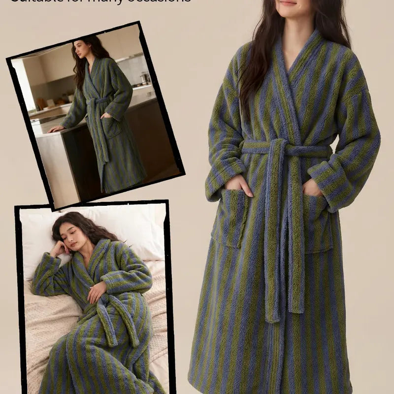Womens Striped Fluffy Robe - Long Plush Bathrobe, Fuzzy Warm Cozy Thick Maxi Loungewear