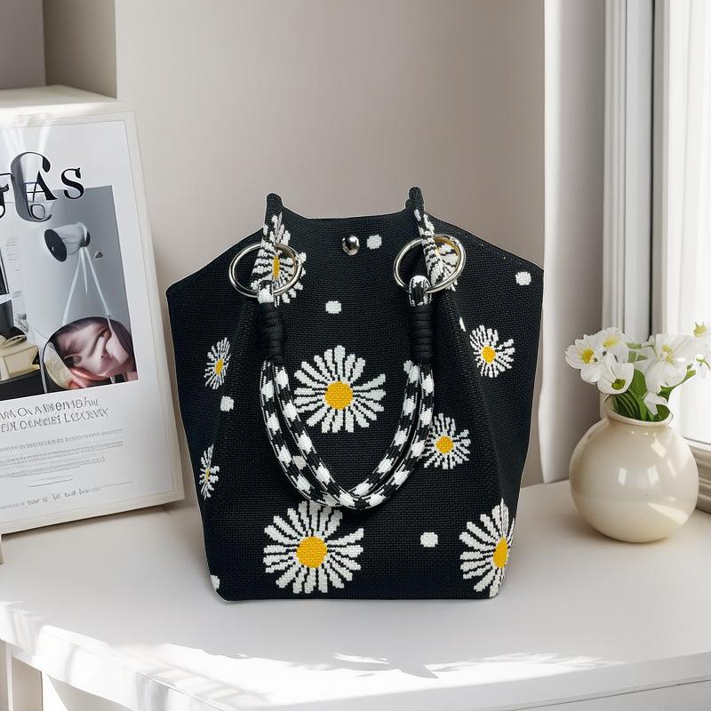 Boho Woven Polyester Bucket Bag, Handmade Knitted Crochet Shoulder Bag for Travel and Beach
